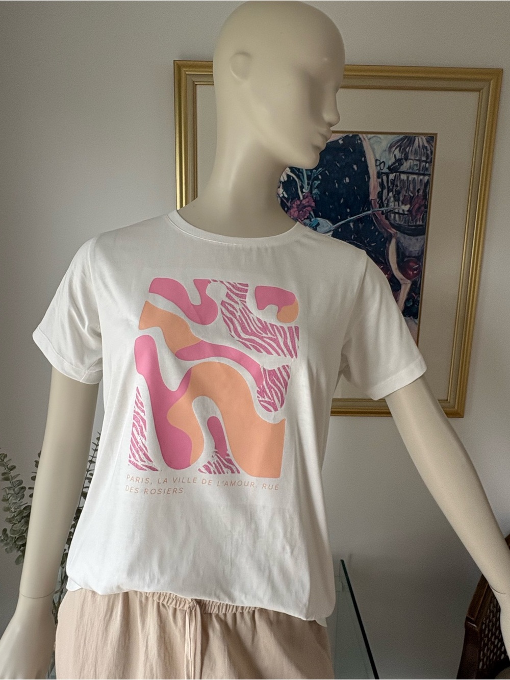 ESQUALO White Tee with Pink & Peach Abstract Print